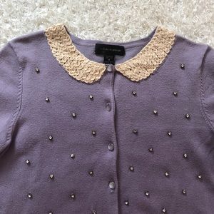 Lilac Cardigan with Crystal Beading/ Lace Collar